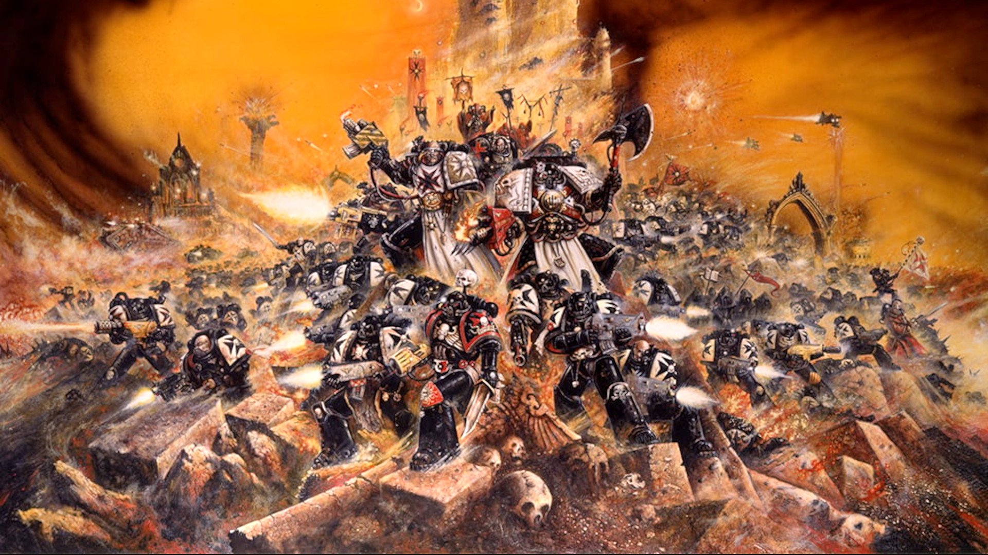 A huge force of Black Templars in battle, banners raised, led by their Marshal