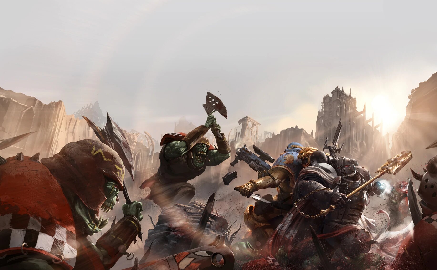 A Celestial Lion in blue and gold fighting alongside a Black Templar against Orks at the Mannheim Gap