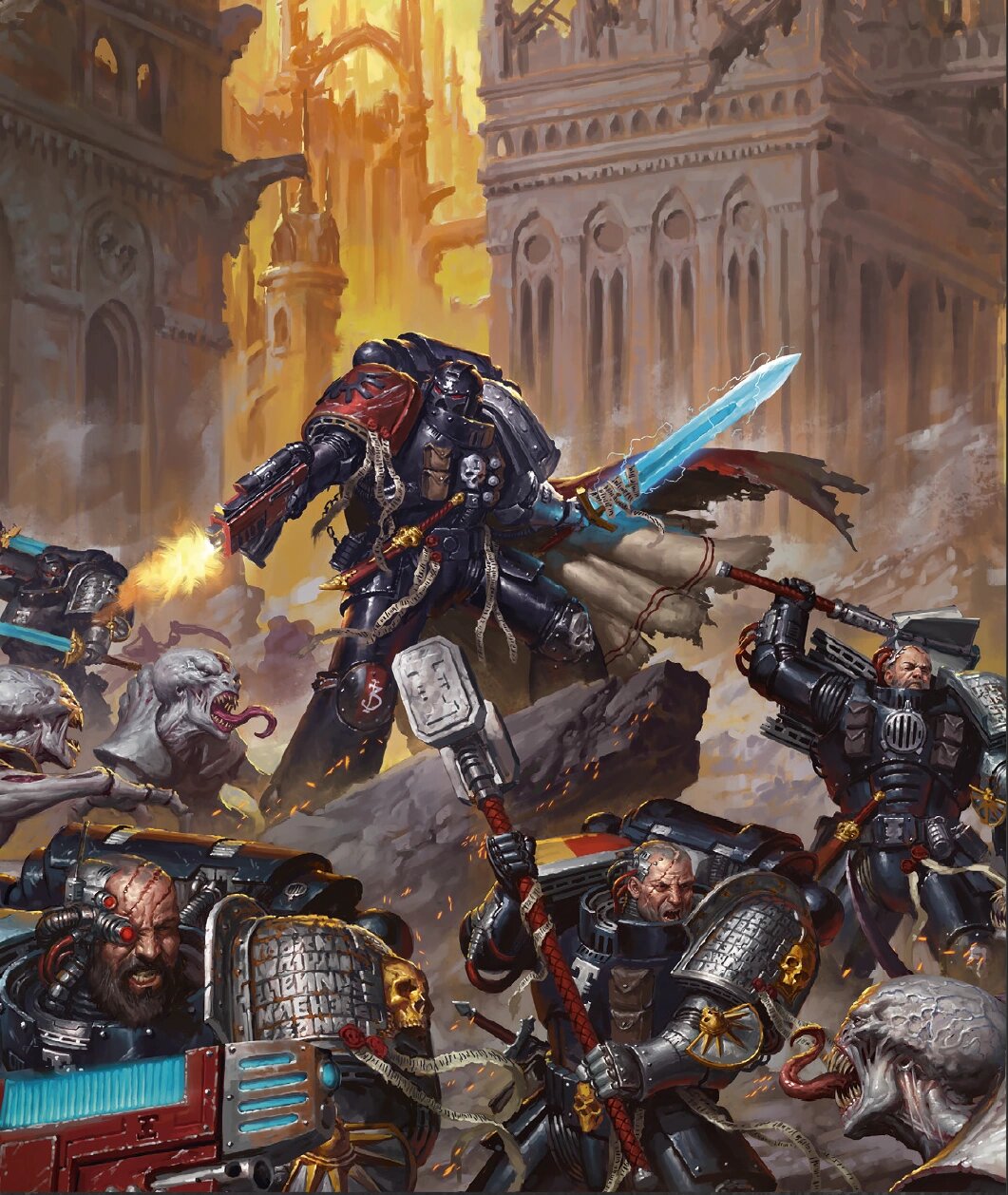 Deathwatch terminator and veterans fighting genestealers