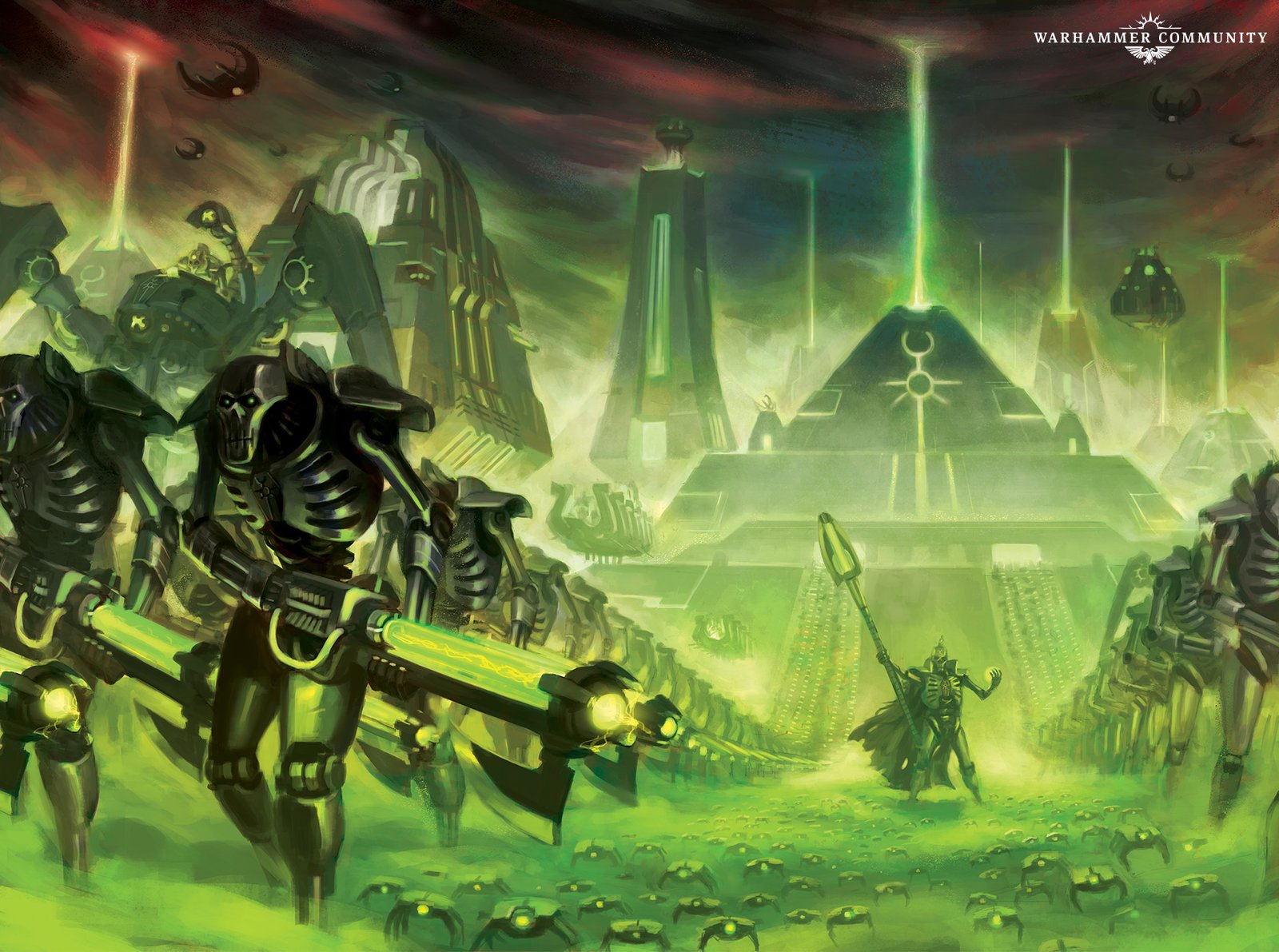 Necron legions marching out from a tomb complex beneath green skies, a robed Necron noble with a staff at their head