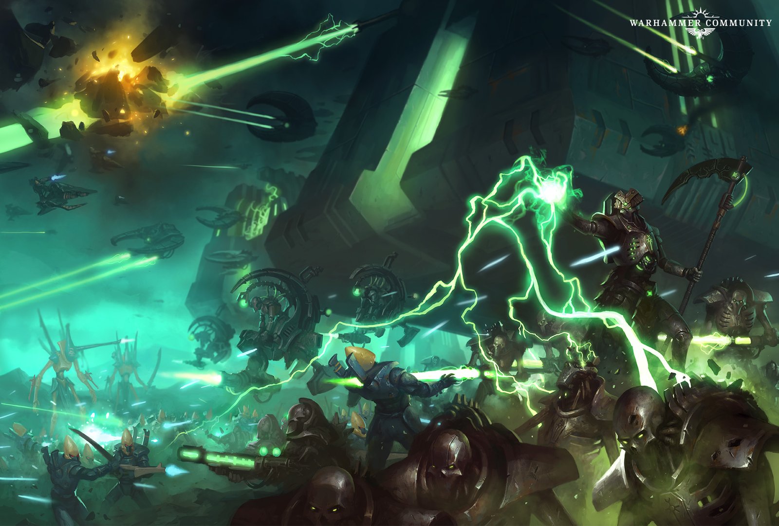 Necrons and Aeldari clashing amid green lightning, a Necron noble with a staff directing the battle from the right