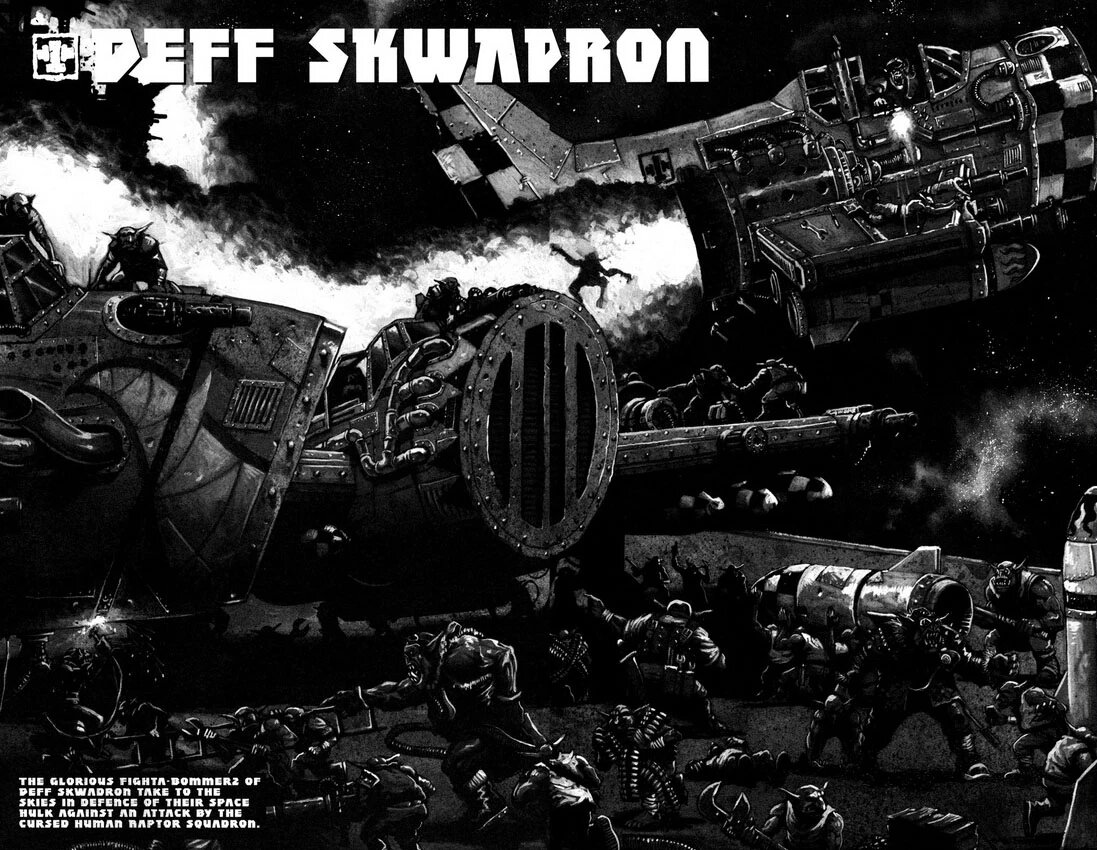 Black and white comic artwork of Ork Fighta-bommerz launching from the deck of a space hulk while Ork crews swarm around them