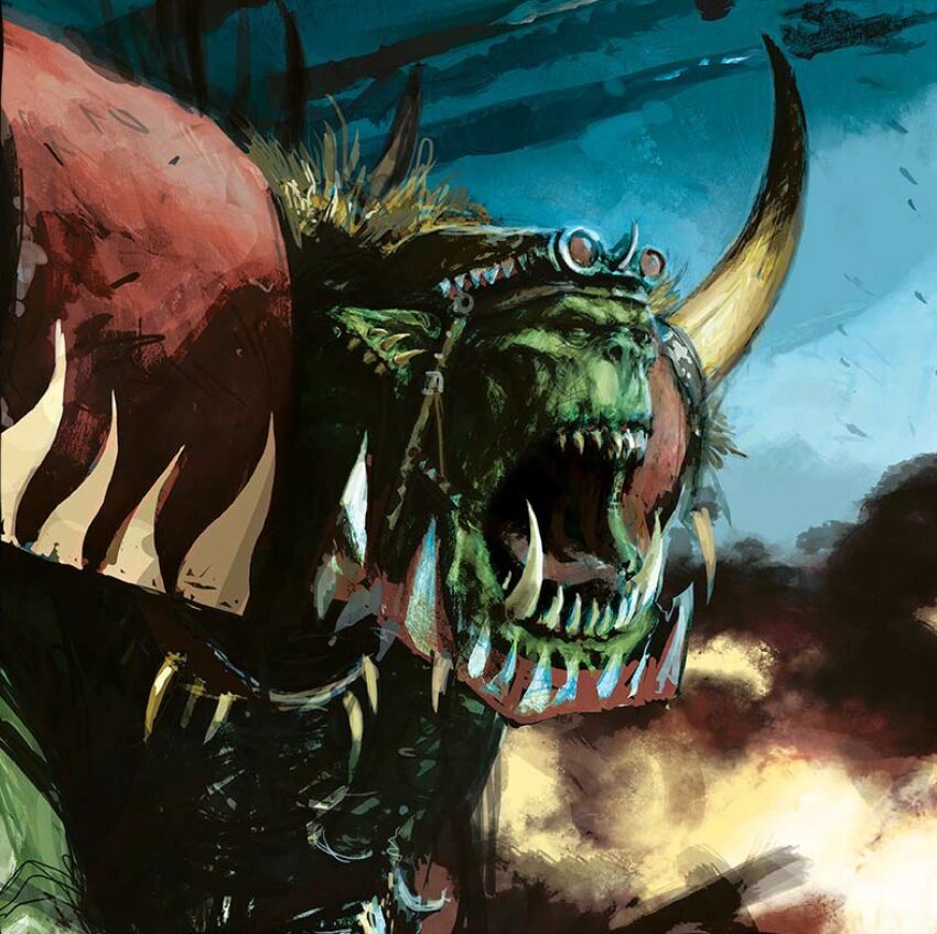 Painted artwork of Skyboss Wingnutz, an Ork warboss in flight goggles bellowing beside the red nose of his aircraft