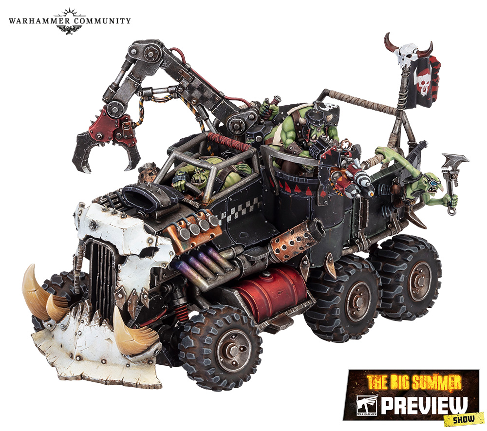A kustom Ork Trukk bristling with a grabbing claw, buzzsaw and skull ram