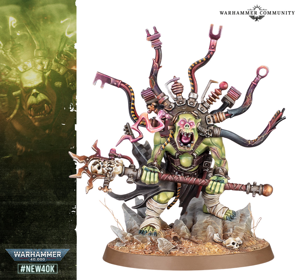 The new Ork Weirdboy miniature for Warhammer 40K 11th Edition, mid-psychic blast with green lightning