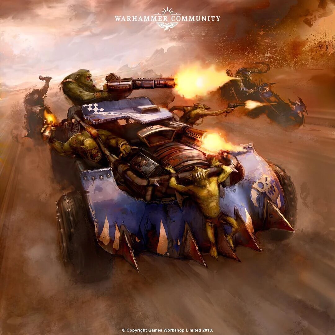 Painted artwork of an Ork Boomdakka Snazzwagon buggy racing across a battlefield, one of several Ork buggies folded into a single Warbuggies datasheet