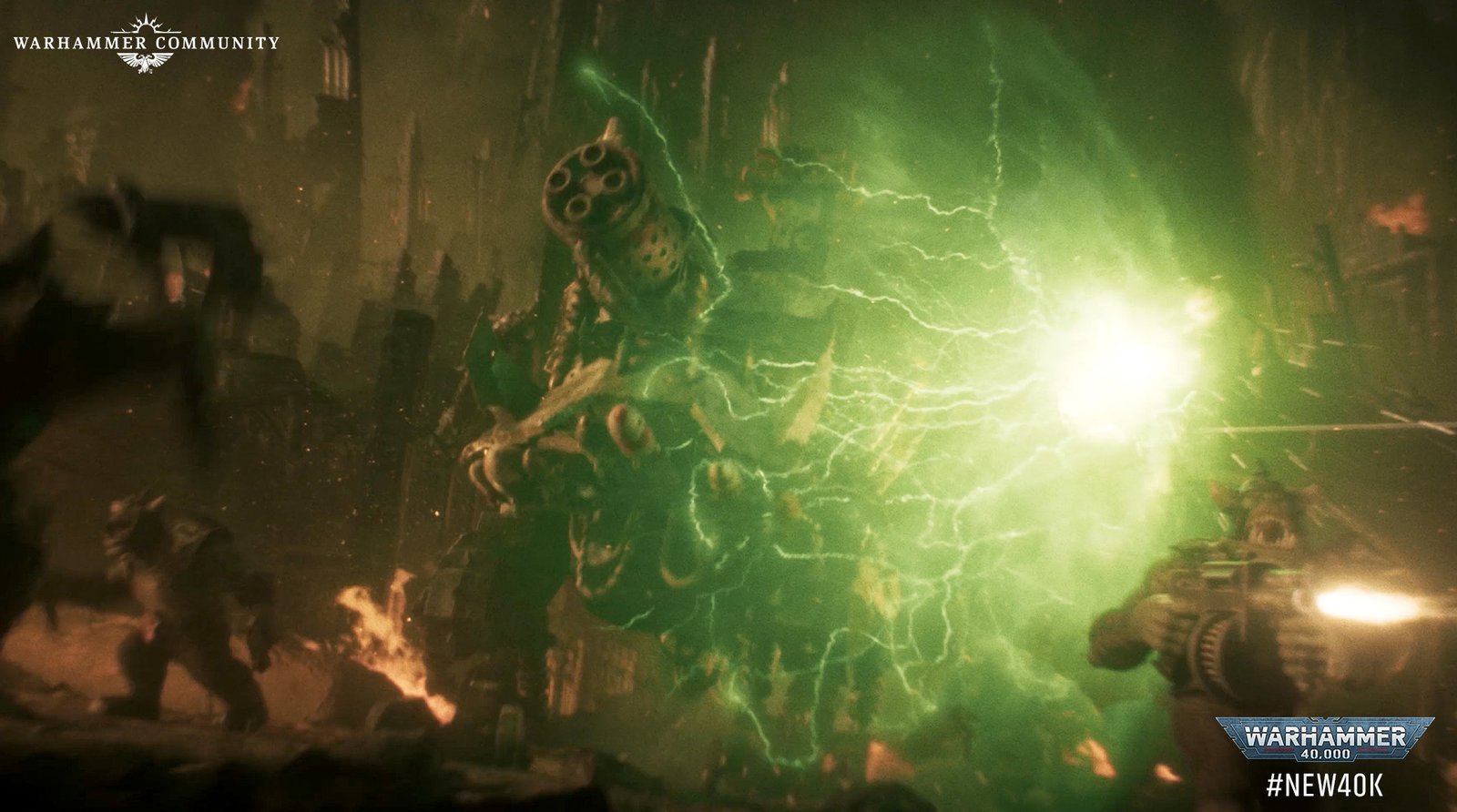 An Ork unleashing a surge of green Waaagh! energy at a Space Marine amid a burning hive city