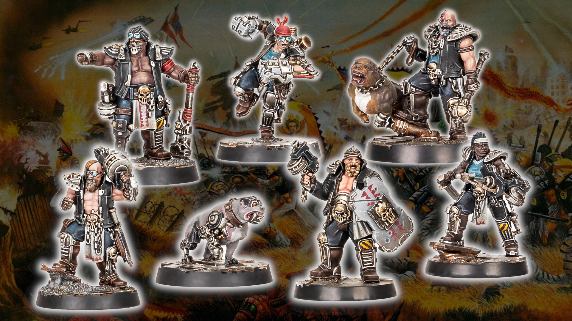 Orlock Road Sergeants with a Road Captain and two cyber-mastiffs, one leashed on a heavy chain
