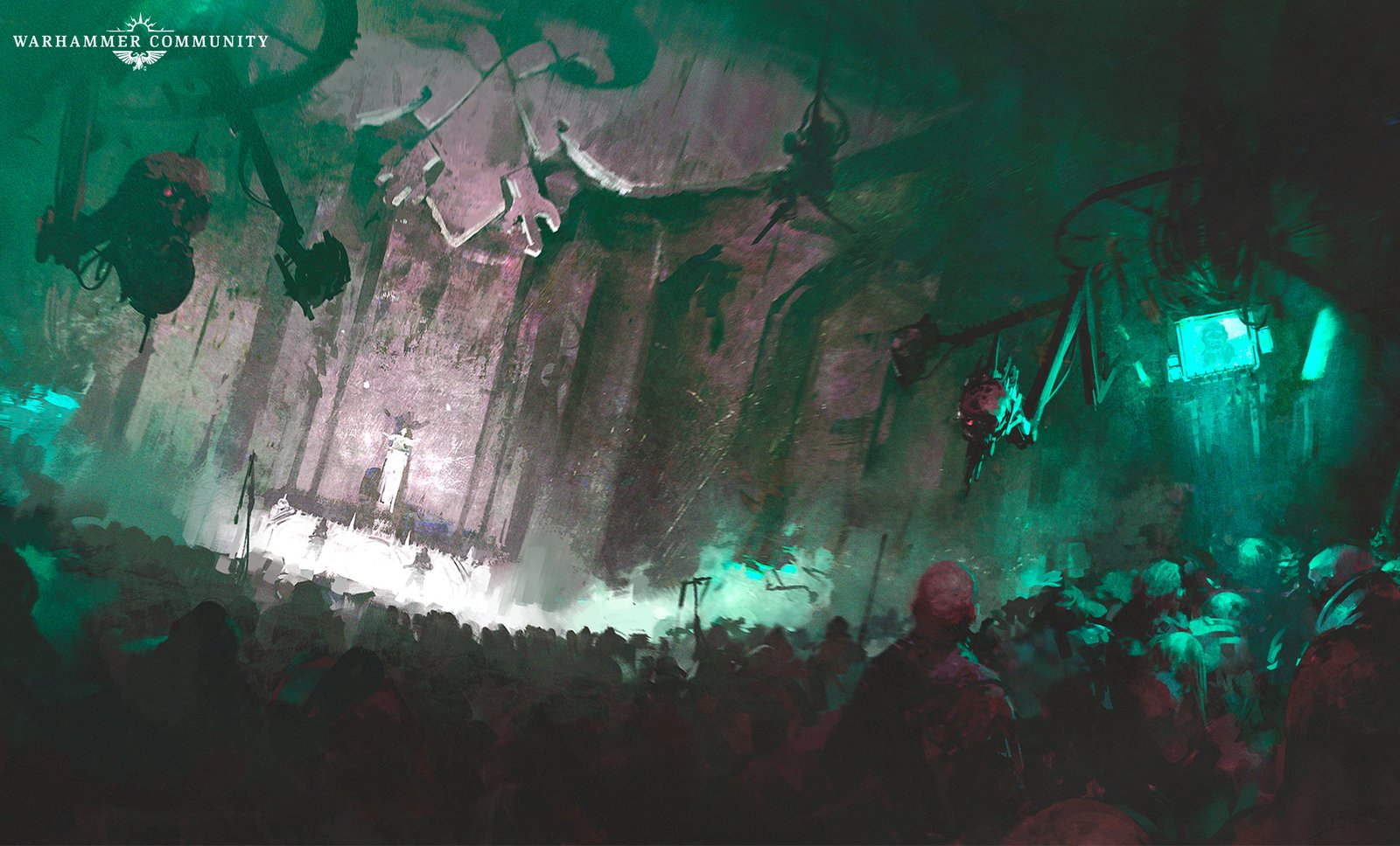 A crowd gathered in green-lit darkness beneath hanging machinery