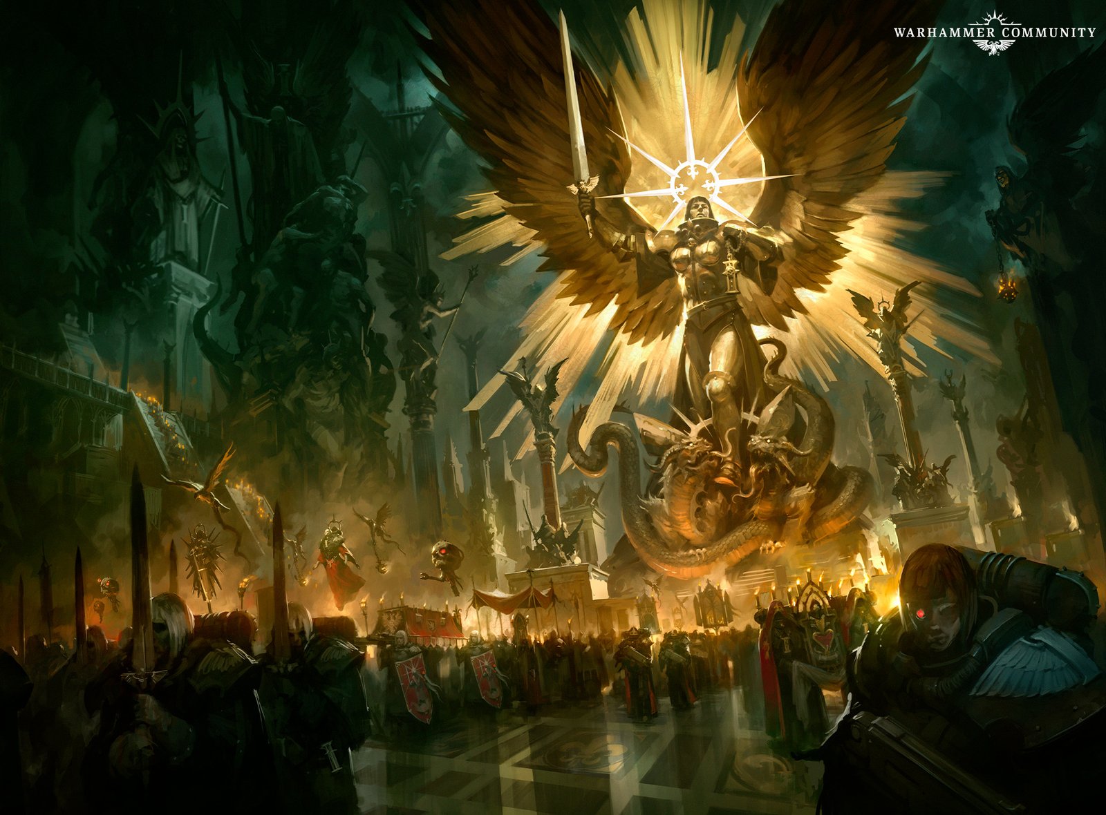 A radiant winged Living Saint above a gothic cathedral procession