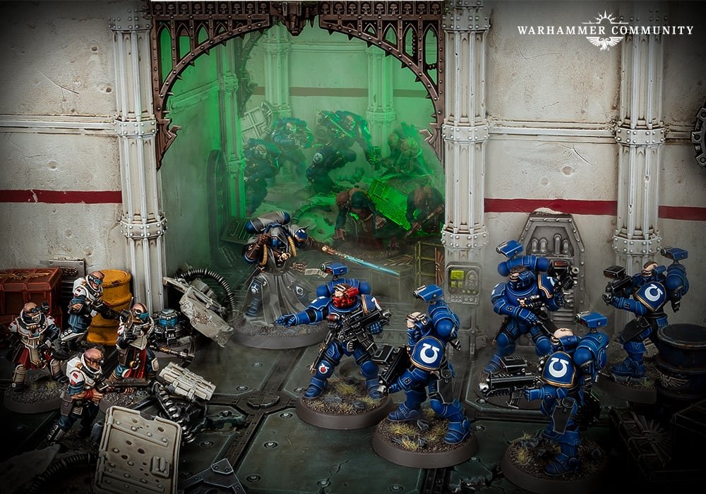 A Phobos Vanguard strike force with a Librarian breaching a doorway wreathed in green gas