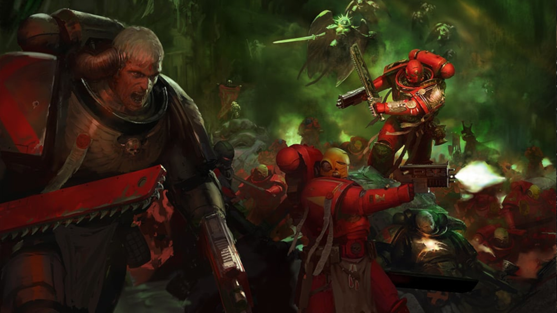 Blood Angels in red power armour charging, one of them bare-headed and roaring