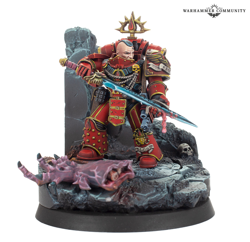 The Forge World Raldoron miniature in red Legion armour with a blue power sword