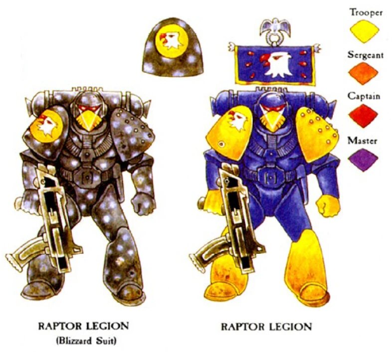 The original 1988 Raptor Legion colour schemes in blue and yellow, alongside a white and grey Blizzard Suit variant