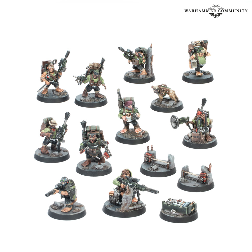 Ratling Kill Team specialists with rifles, climbing equipment, supplies, and their battlemutt