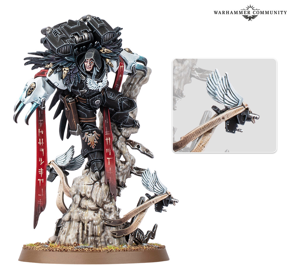 Aethon Shaan miniature perched on a rock with servo-raven automata and red scrolls
