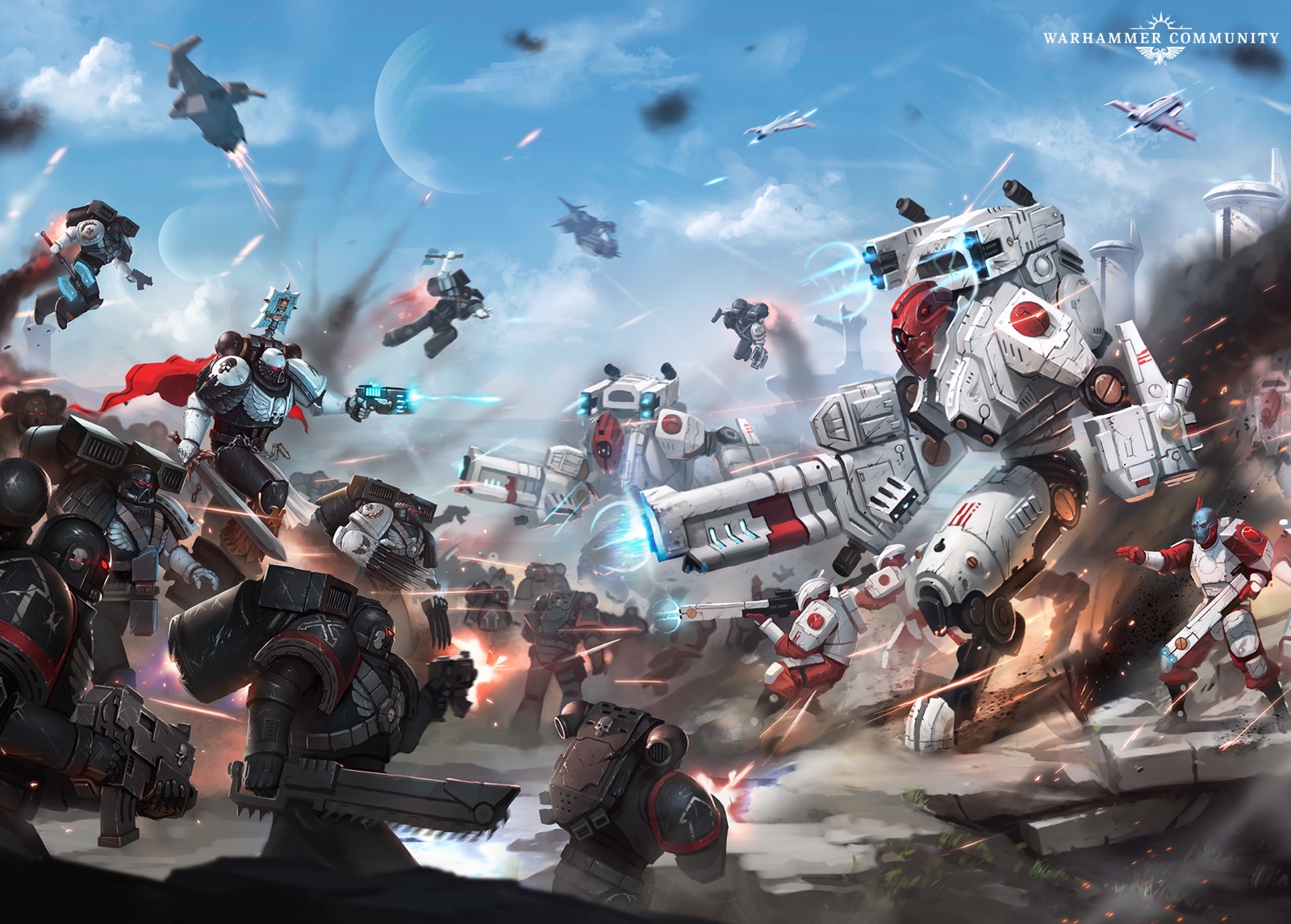 Raven Guard jump pack troops and Chapter Master Corvin Severax fighting T'au battlesuits on Prefectia