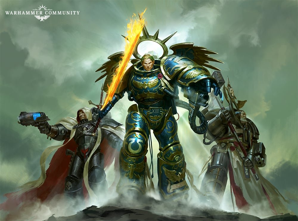 Roboute Guilliman holding the flaming Emperor's Sword, flanked by an Inquisitor and a robed champion
