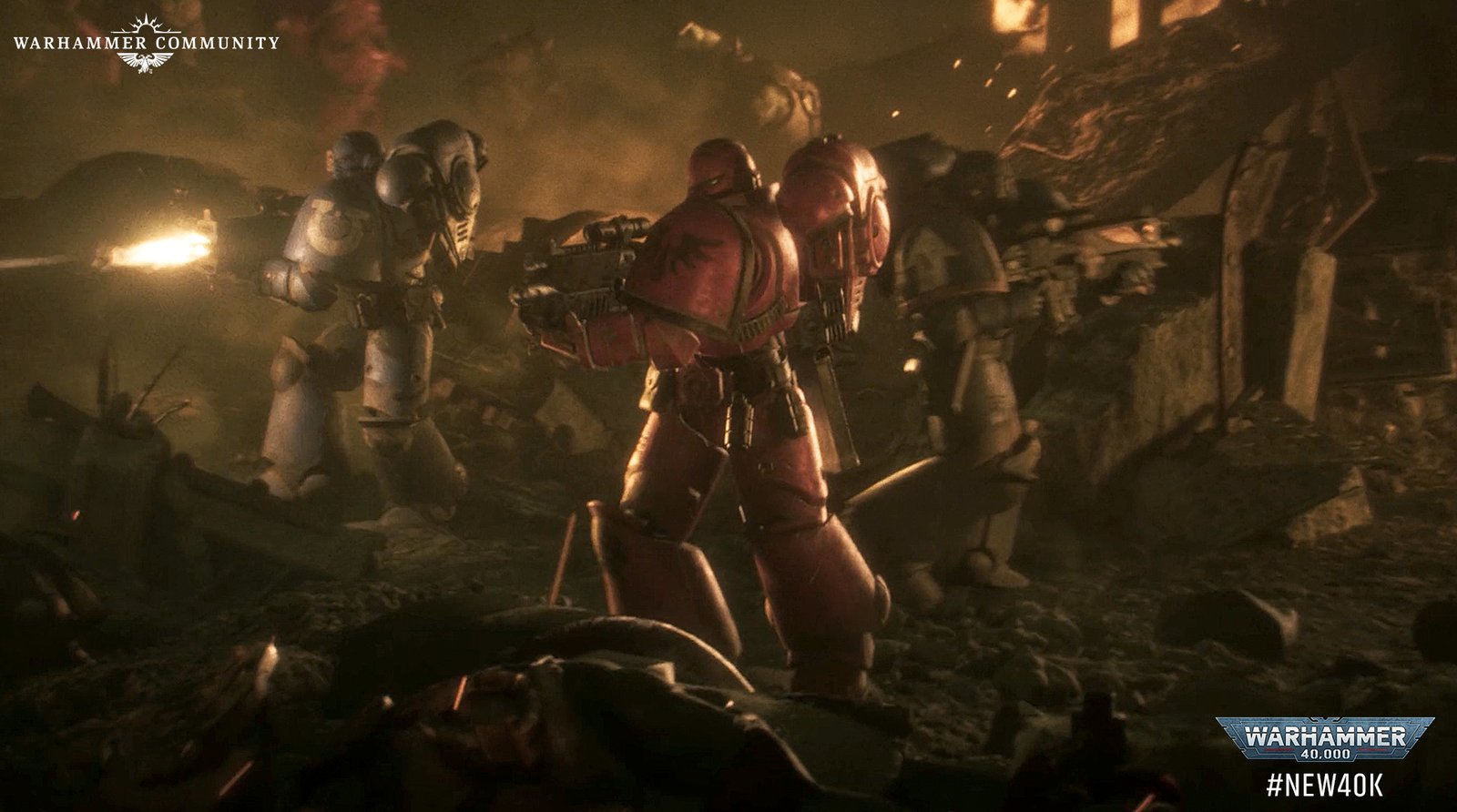 A squad of Space Marines advancing through burning ruins in the Warhammer 40,000 cinematic trailer