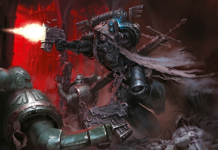 Cypher, Lord of the Fallen, firing a pistol as Dark Angels close in around him