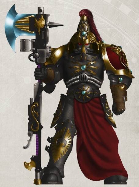 A Shadowkeepers Custodian Warden in black armour with gold trim, a crimson robe and a castellan axe