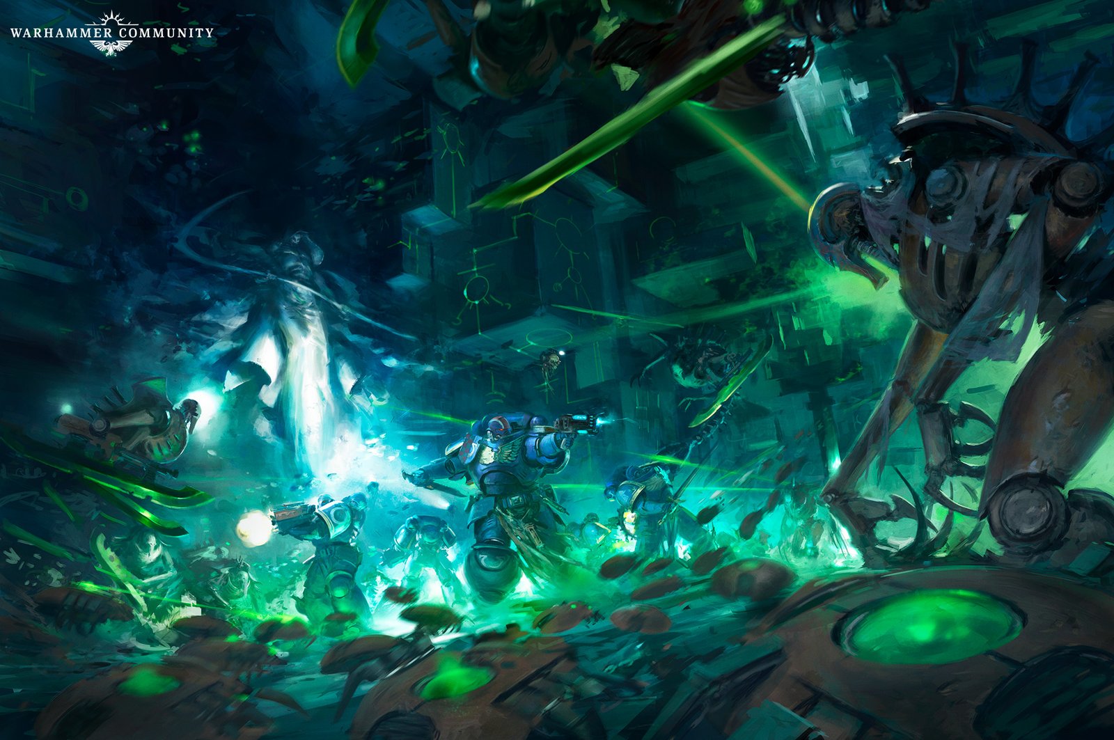 A ghostly figure looming over Space Marines in a Necron tomb complex