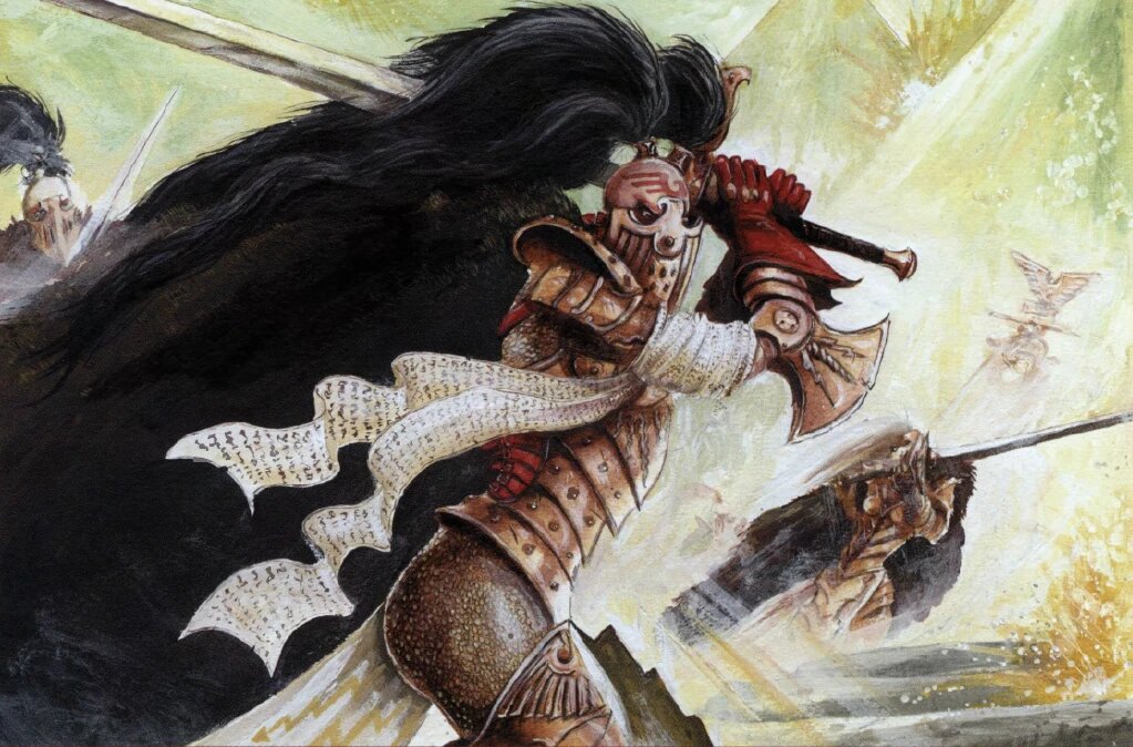A Sisters of Silence Vigilator squad charging into battle, oath scrolls streaming