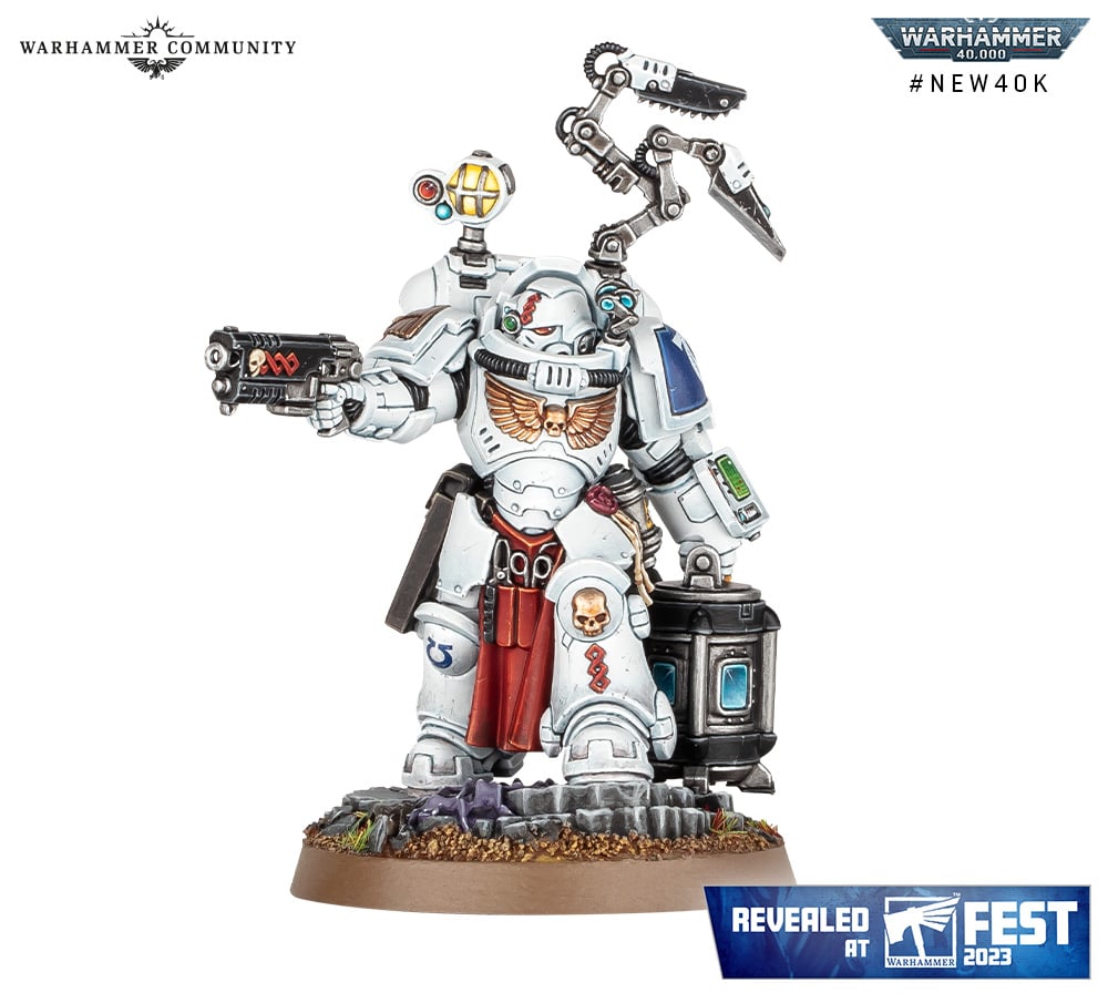 A white-armoured Apothecary Biologis miniature carrying a vivispectrum sample container beside a fallen Tyranid