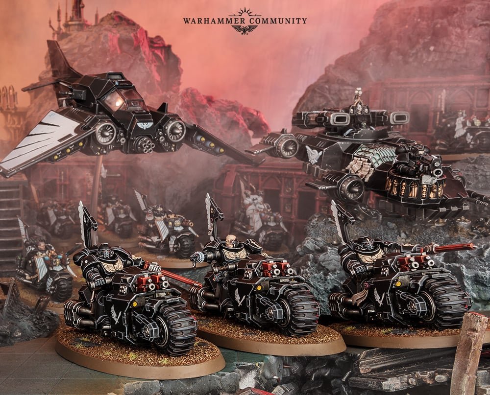 Three Ravenwing Black Knights on jet-black bikes with a Darkshroud and a Nephilim jetfighter behind them