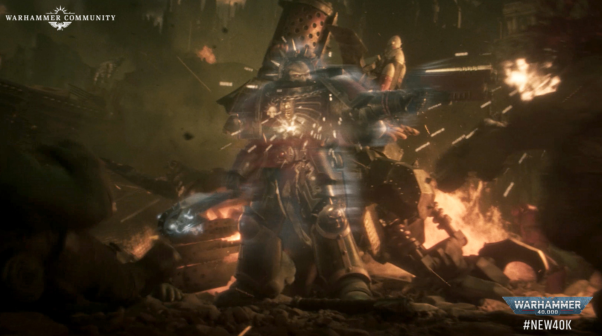 Blood Angels charging through a burning hive city at night