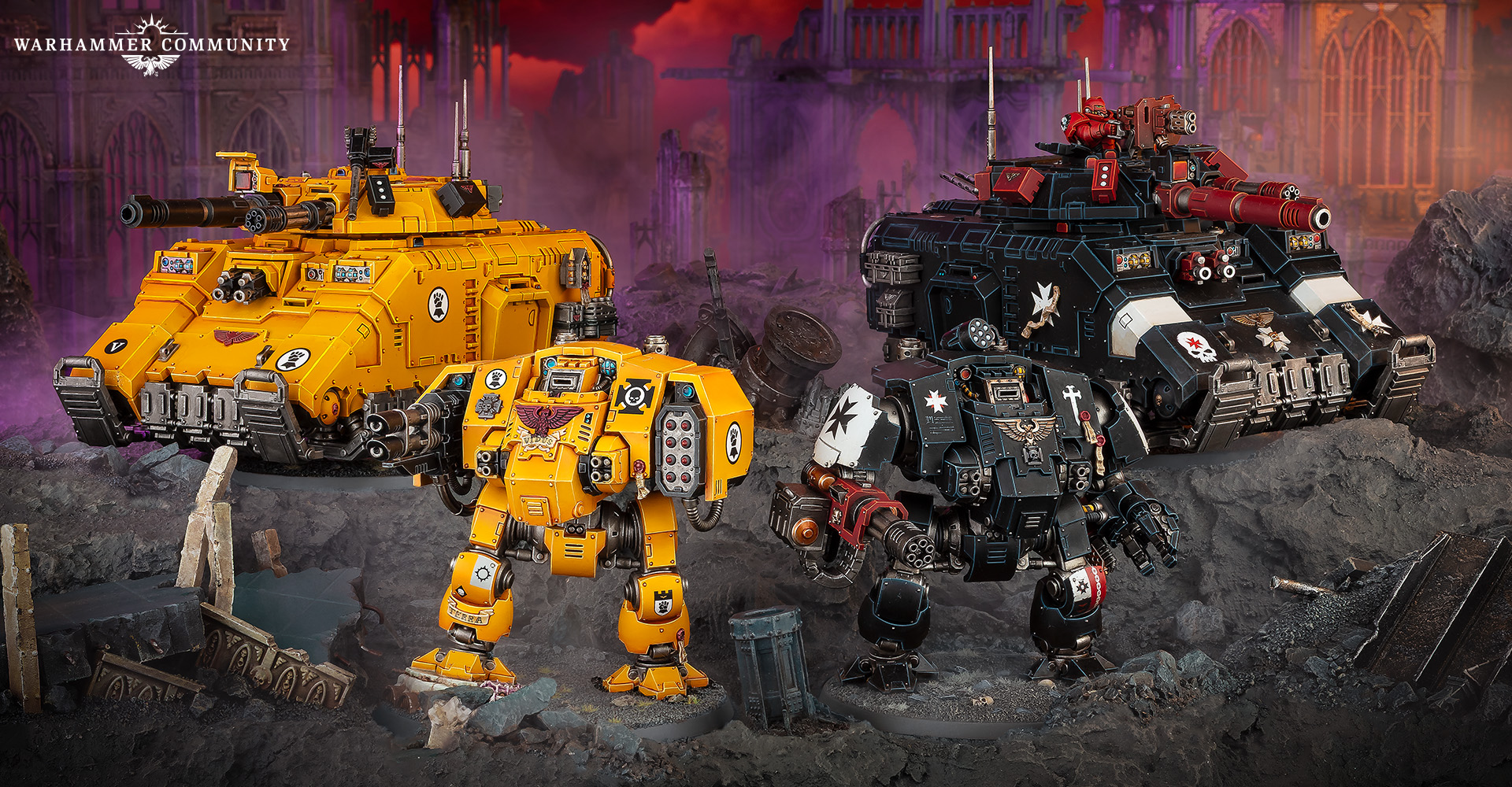 Black Templars and Imperial Fists advancing through urban ruins