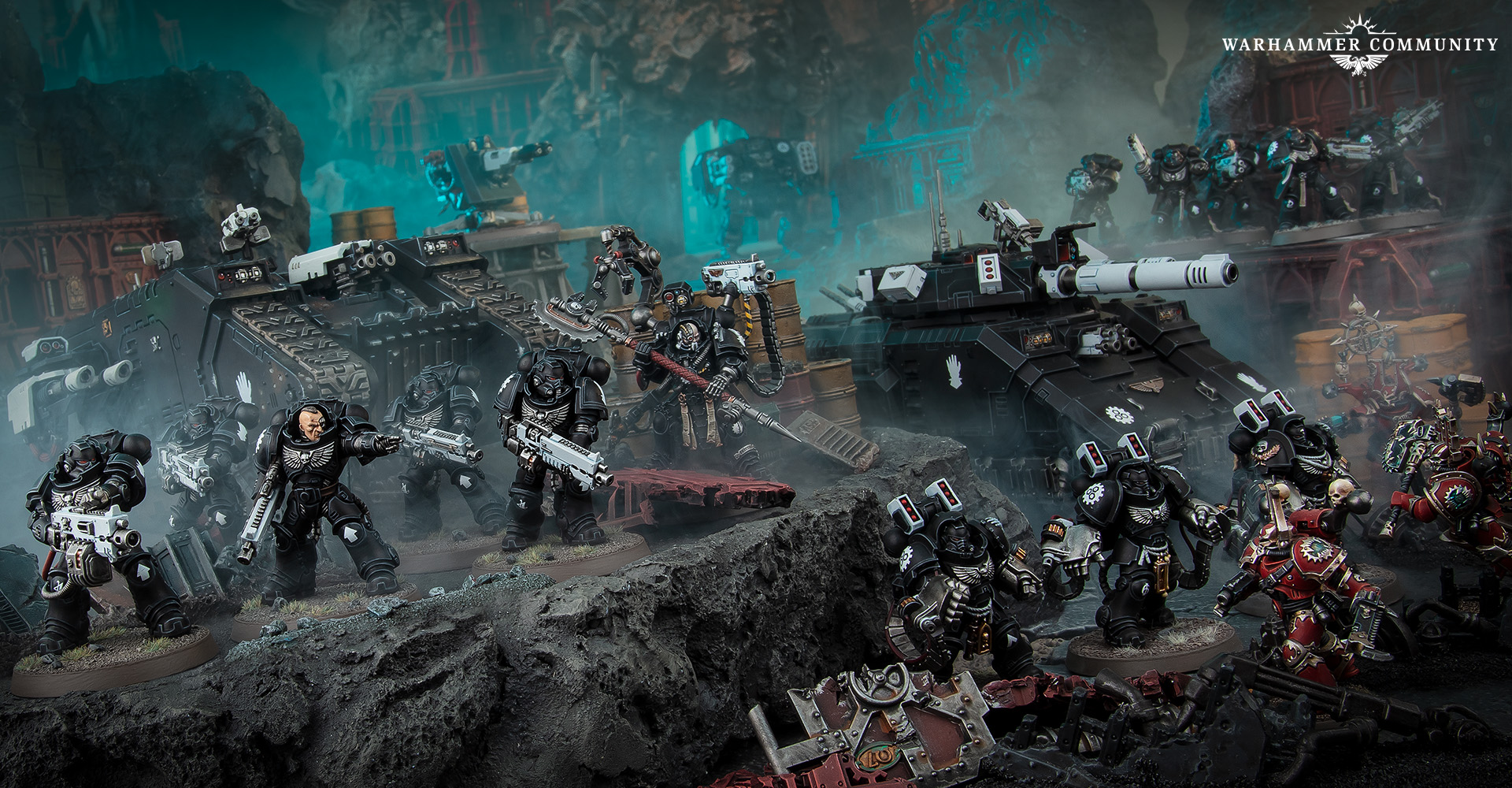 An Iron Hands force in black armour with white hand markings fighting through an industrial ruin