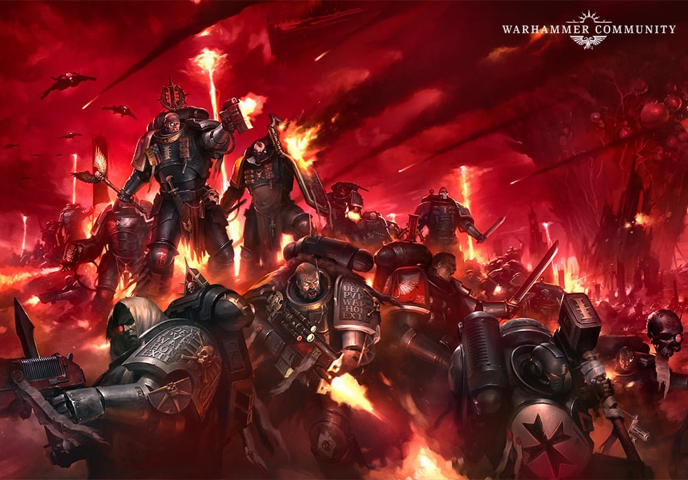 Deathwatch battle-brothers in black power armour firing bolt weapons into a red sky