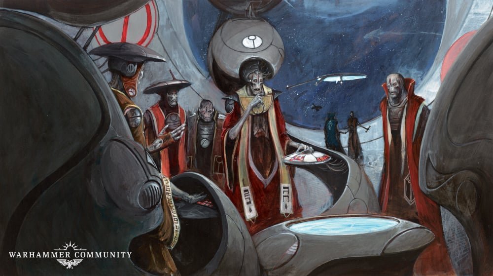 An Ethereal High Council in session aboard a T'au station, robed leaders gathered around a hovering table under a starfield