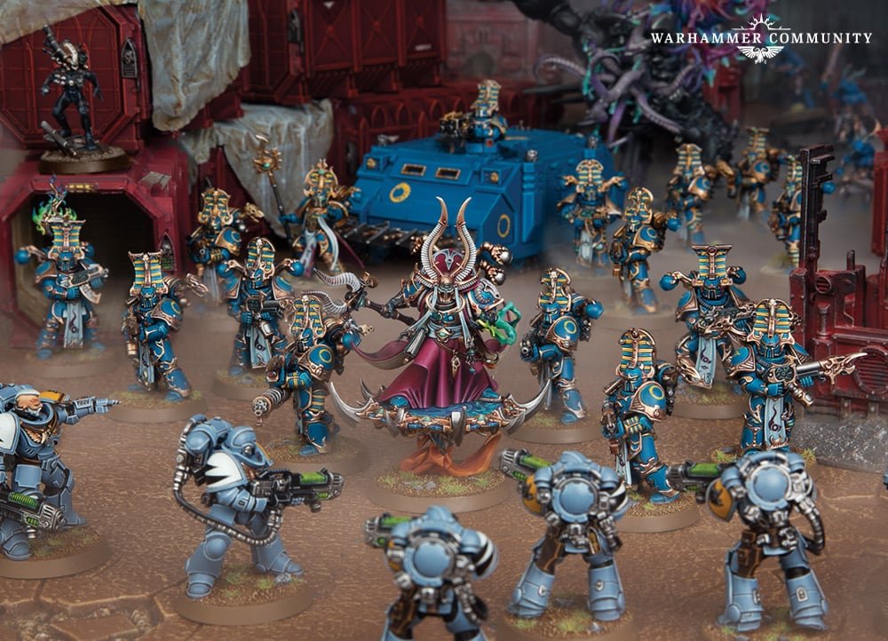 Rubric Marines advancing behind a Tzeentch sorcerer