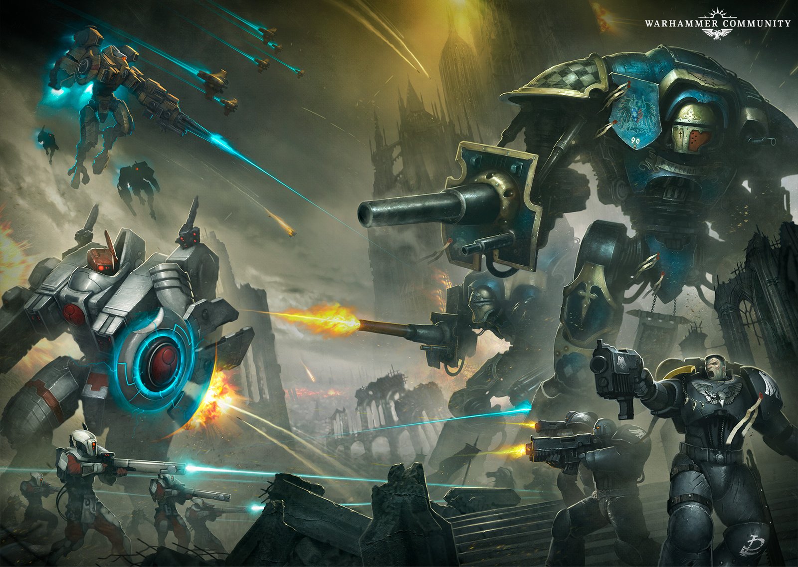 Imperial Knights fighting T'au battlesuits among ruined buildings alongside Space Marines