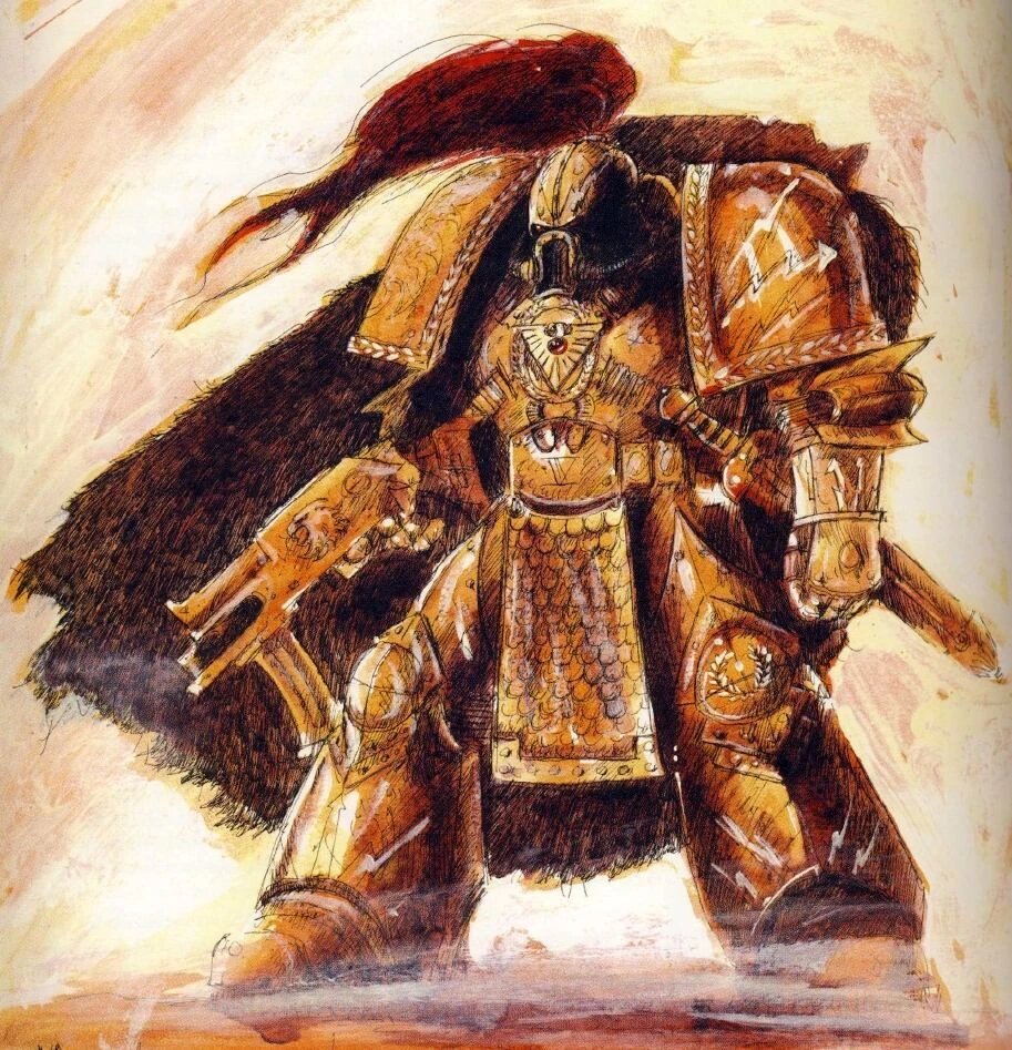 A Thunder Warrior in segmented plate and a heavy cloak, carrying a lasrifle