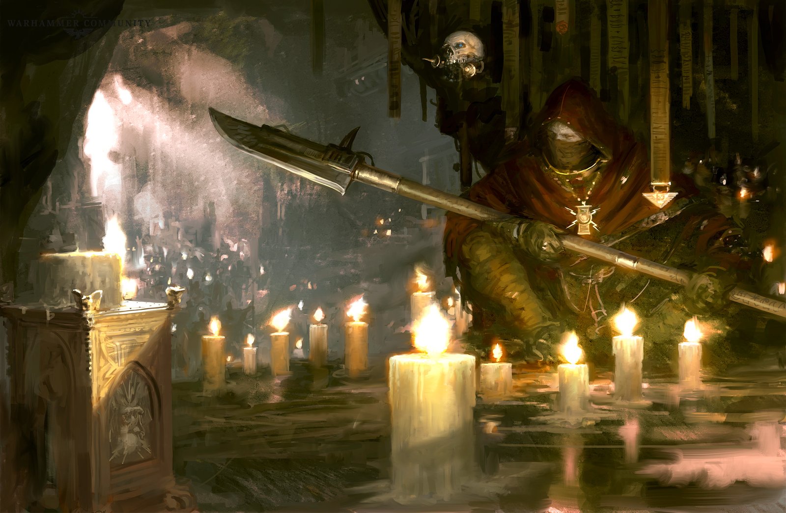 A robed figure with a guardian spear standing vigil over a floor of lit candles in a dim Imperial shrine