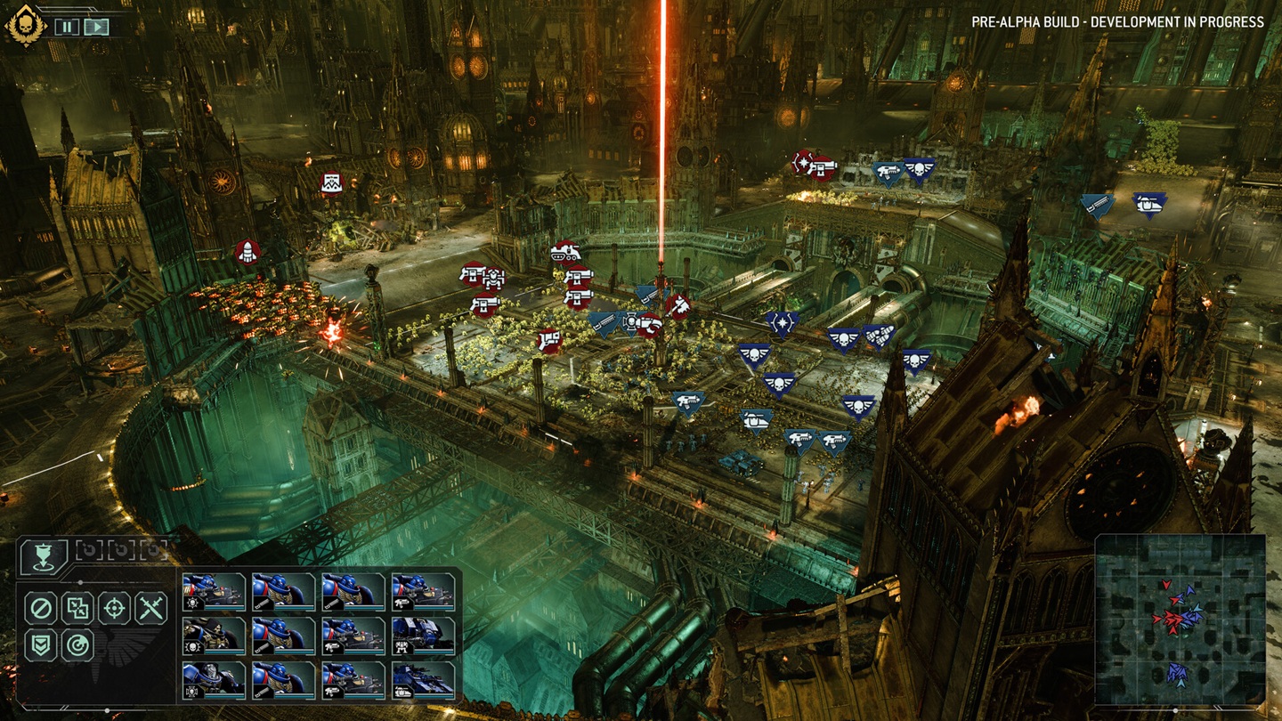 Pre-alpha Total War: Warhammer 40,000 ground battle inside a hive city, Imperial unit cards arrayed across the field