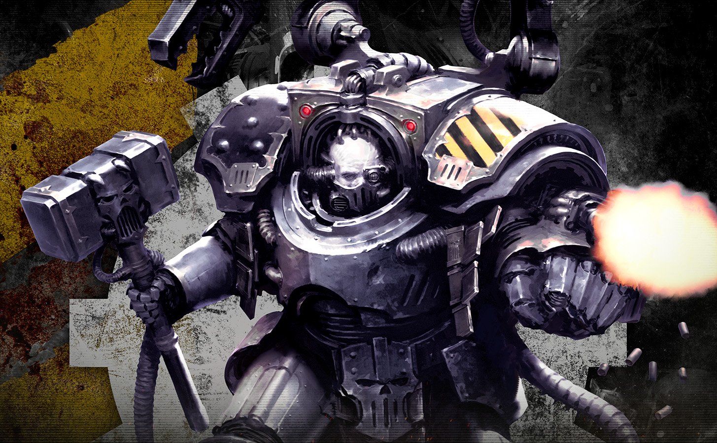 An Iron Warriors Terminator in gunmetal plate banded with hazard stripes, thunder hammer raised, firing a combi-weapon