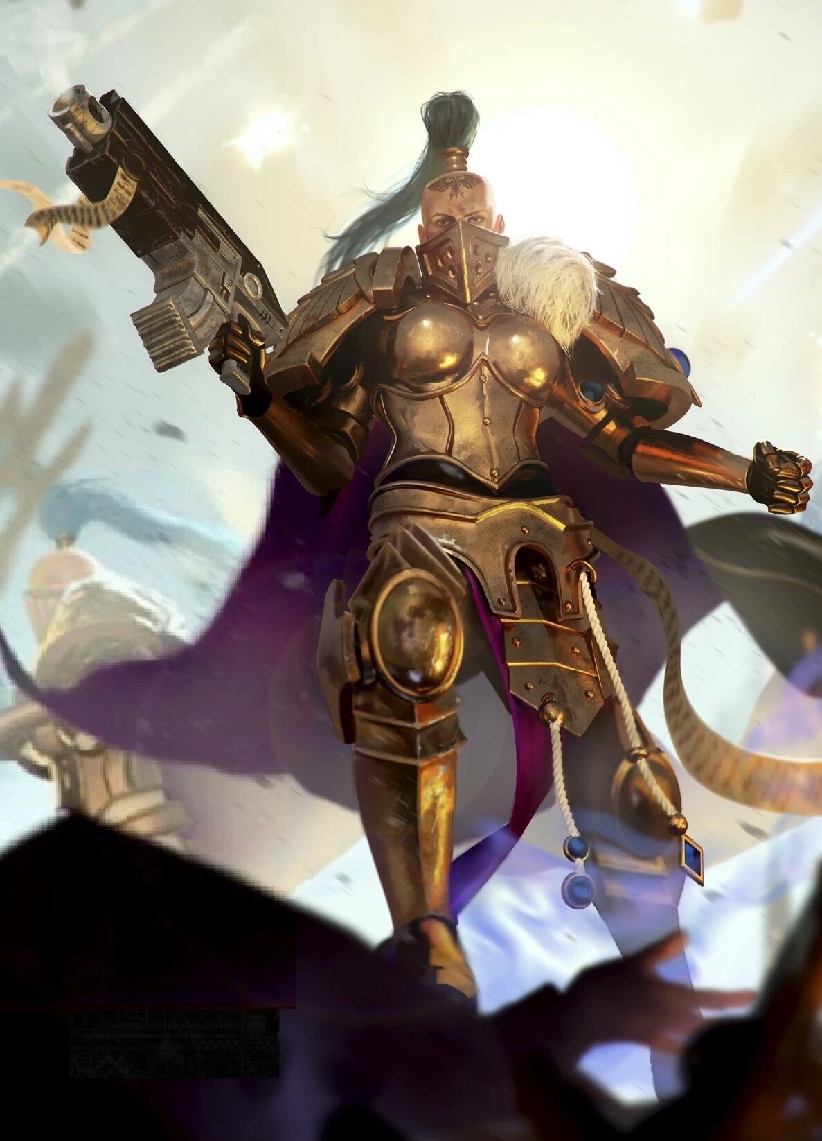 A modern Sister of Silence in golden armour, an Untouchable of the Silent Sisterhood