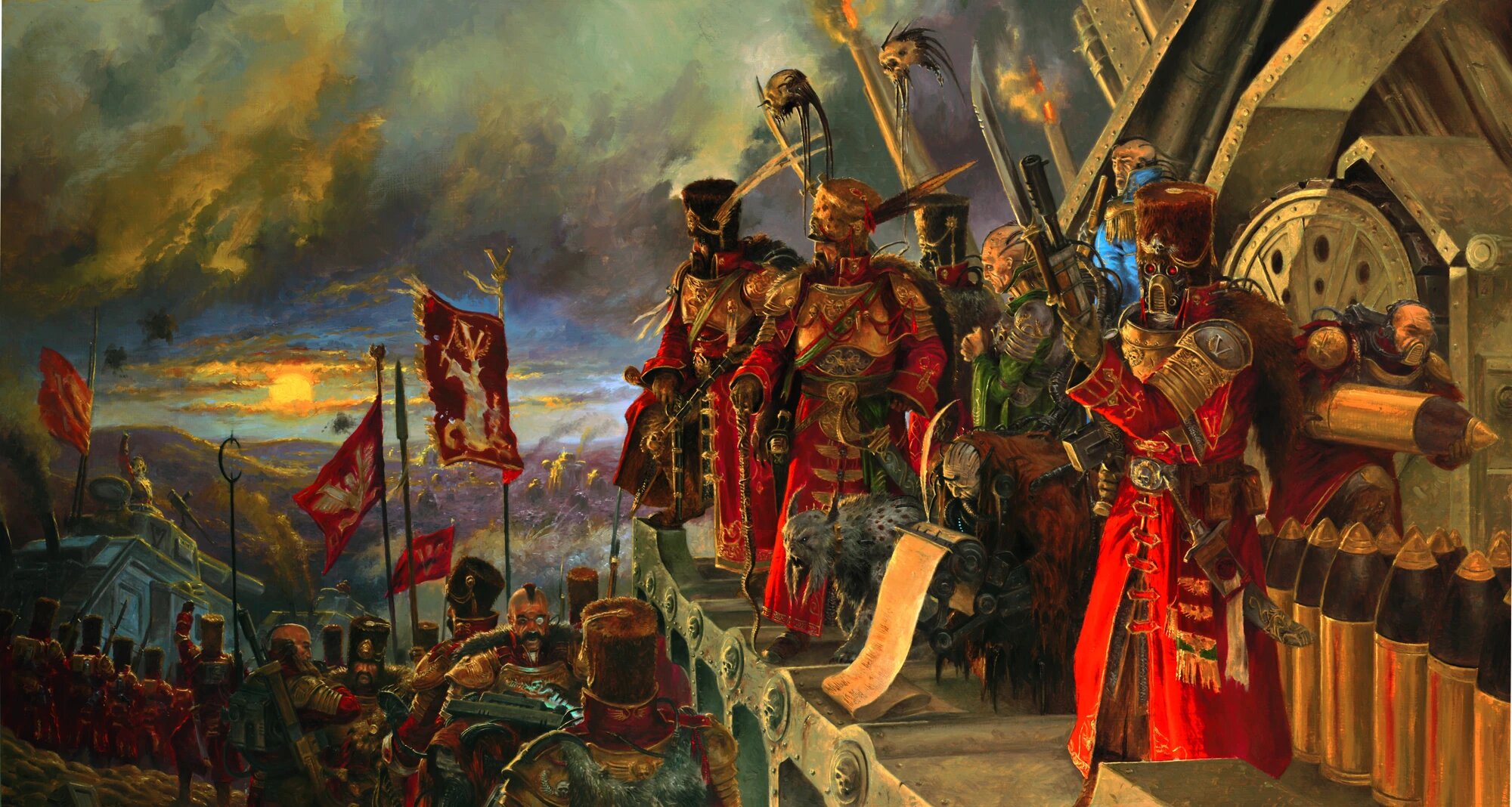 Vostroyan Firstborn officers in ornate red and gold uniforms with fur hats and ceremonial banners