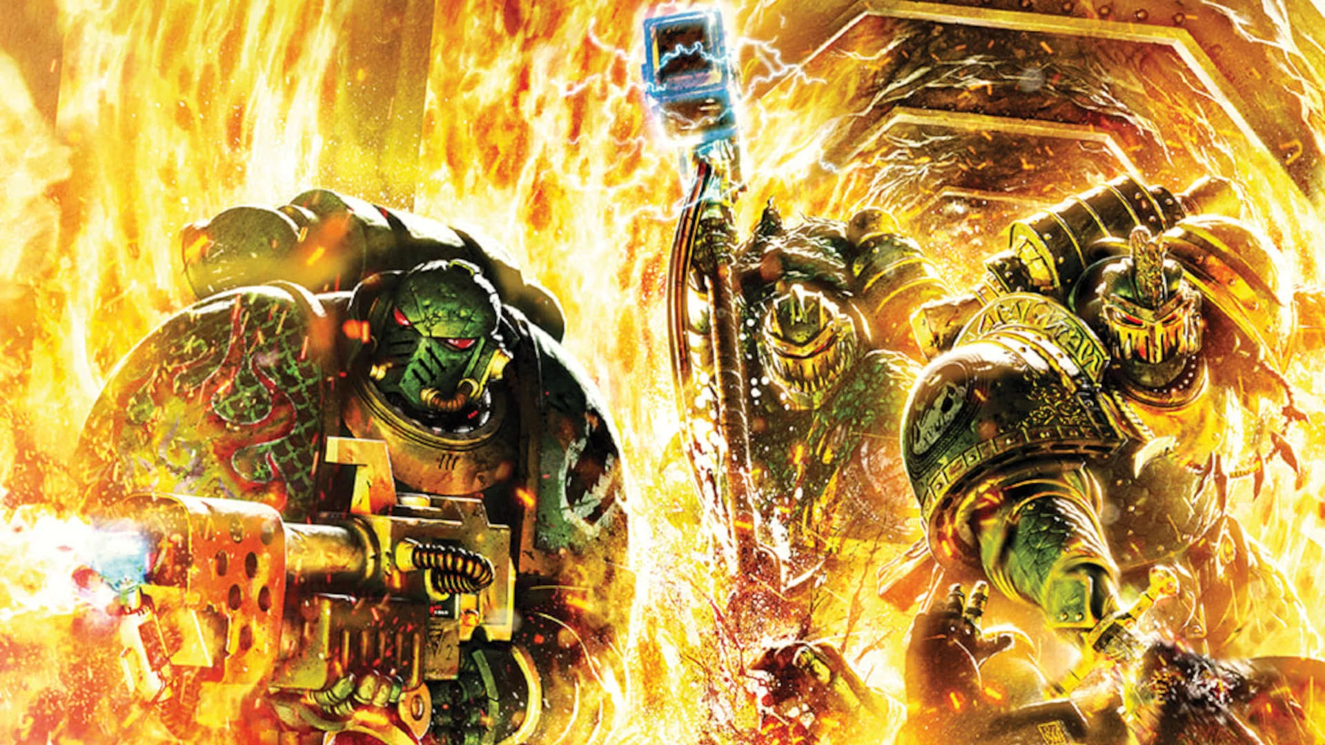 Salamanders Terminators and a Firedrake advancing through a wall of flame