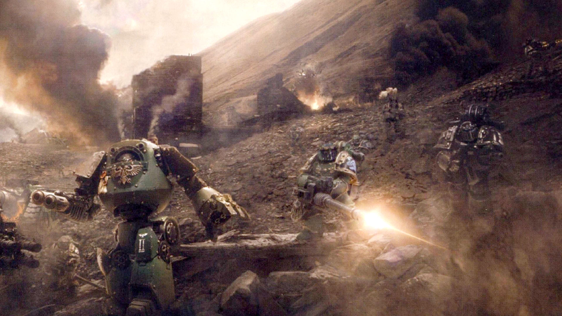 Salamanders and a Contemptor Dreadnought fighting through the ruins at Isstvan V