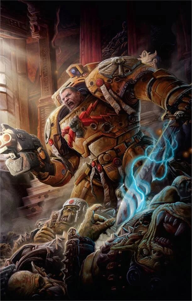 Cover art from The Last Son of Dorn, showing an Imperial Fists veteran in golden power armour firing a bolt pistol at Orks amid a burning throne room