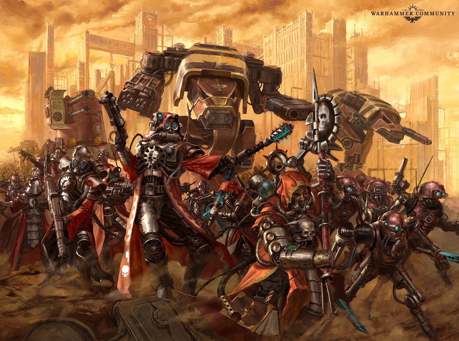 A Warlord Titan looms over a charging column of Adeptus Mechanicus skitarii