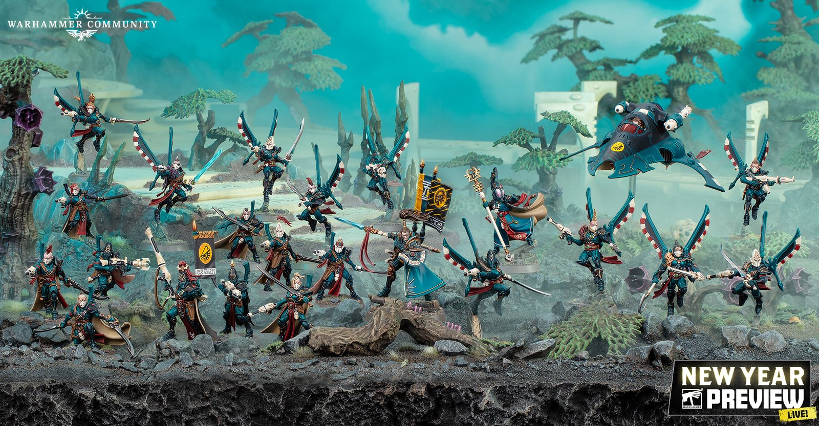 A warband of red-armoured Aeldari Corsairs advancing through a misty jungle