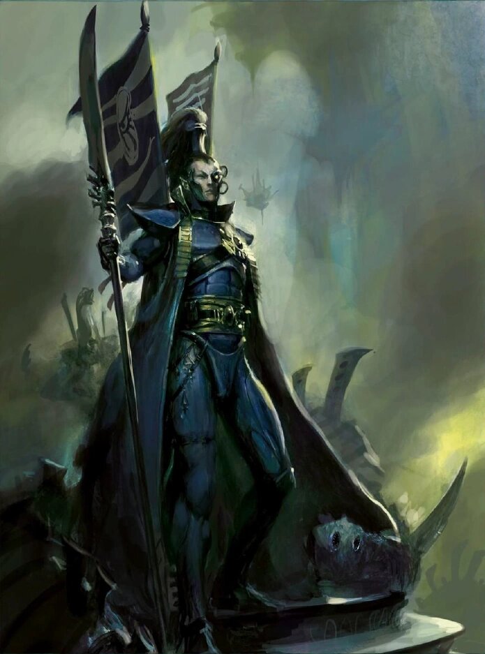 Prince Yriel of Iyanden in dark armour, bearing a banner, the Eye of Twilight implant over one eye