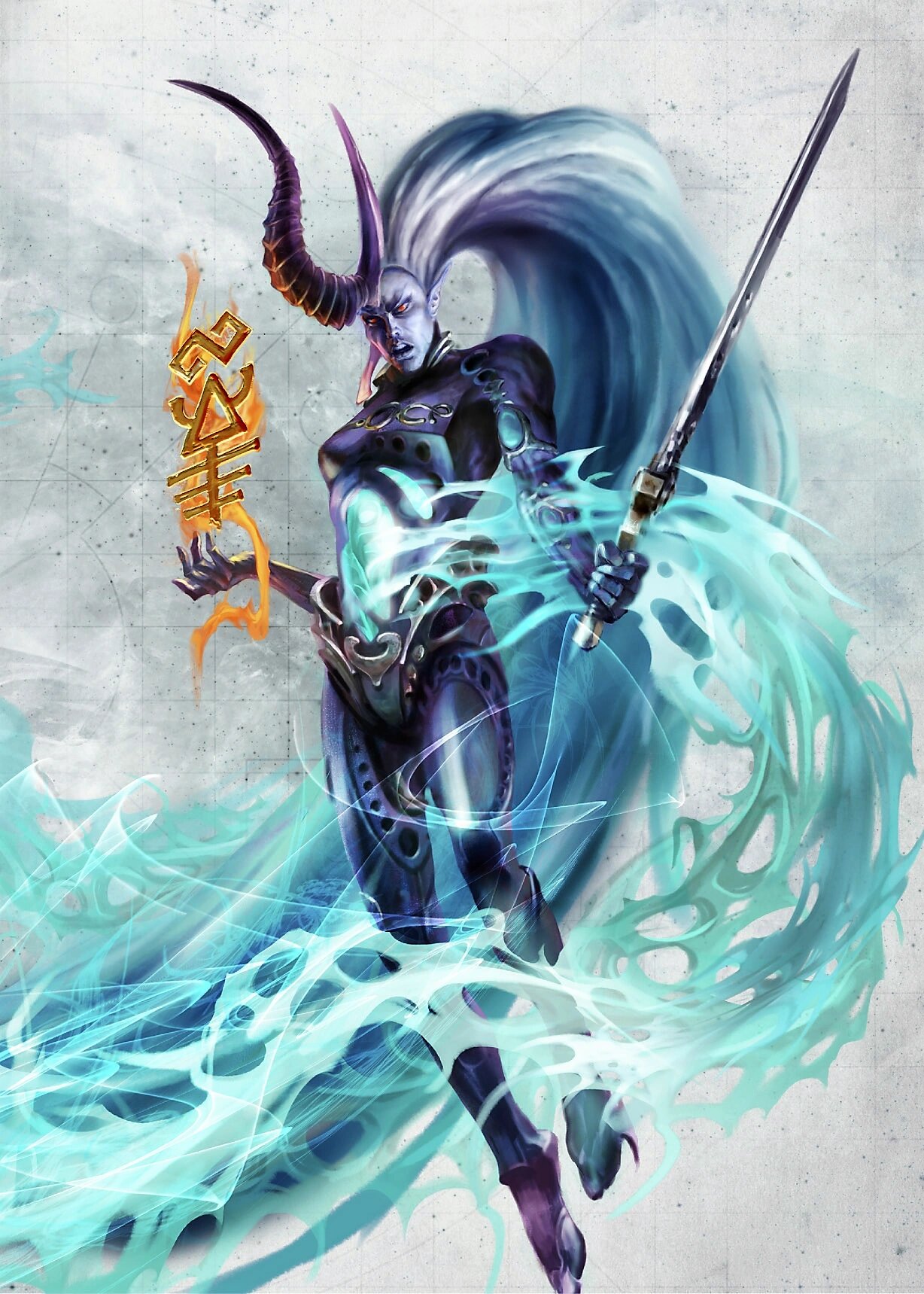 The Yncarne, avatar of the Whispering God Ynnead, wreathed in spirit-fire and bearing a sword