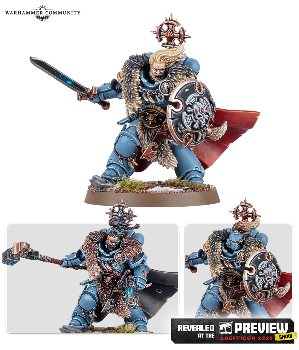 The Wolf Guard Battle Leader miniature with a round storm shield, rune-marked sword and alternative hammer and head options
